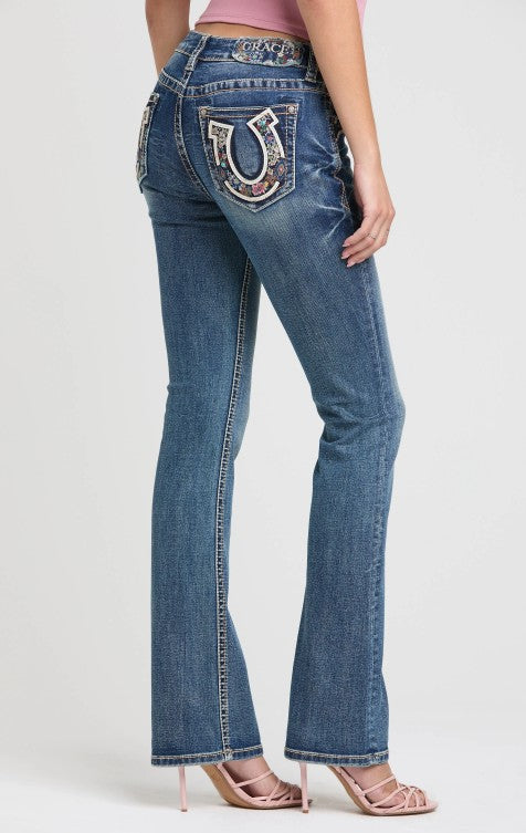 Grace In LA Horse Shoe/Floral Embroidery Mid Rise Bootcut Embroidered Jeans EB61993