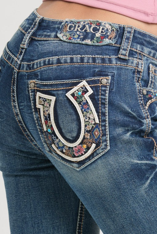 Grace In LA Horse Shoe/Floral Embroidery Mid Rise Bootcut Embroidered Jeans EB61993