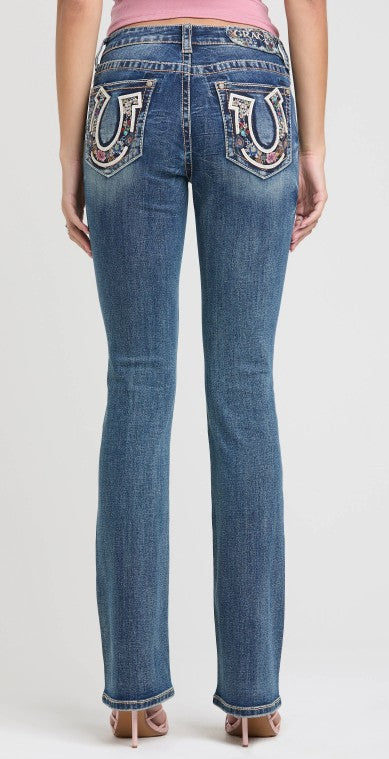 Grace In LA Horse Shoe/Floral Embroidery Mid Rise Bootcut Embroidered Jeans EB61993