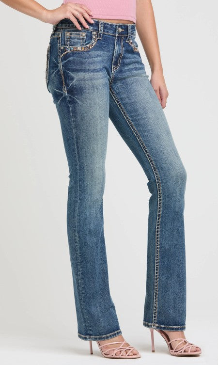 Grace In LA Horse Shoe/Floral Embroidery Mid Rise Bootcut Embroidered Jeans EB61993