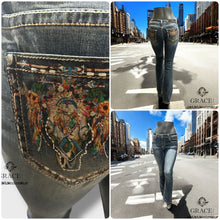 Load image into Gallery viewer, Grace Jeans Steer Head Colourful Embroidered Mid Rise Bootcut Jeans EB61891
