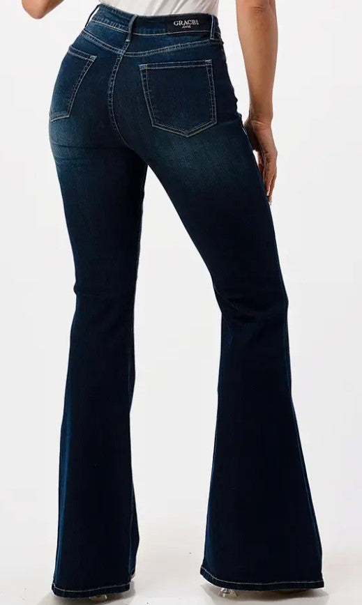 Grace Jeans Basic Dark Wash Contemporary Mid Rise Flares EL-9518