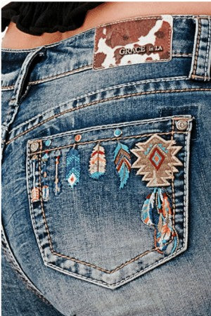 Grace In LA Western Embroidery Bootcut Jeans EL61990NL