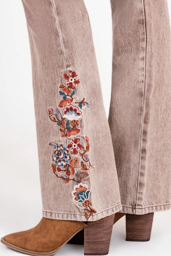 Grace Jeans Floral Embroidery Camel Colour Mid-Rise Flare Jeans ELS772