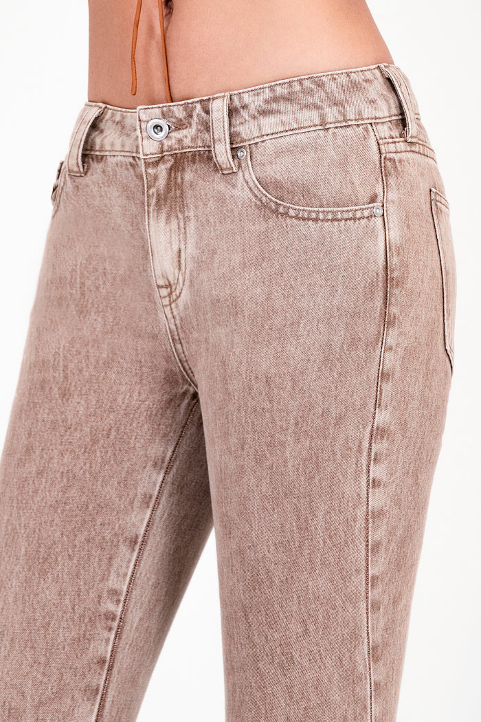 Grace Jeans Floral Embroidery Camel Colour Mid-Rise Flare Jeans ELS772