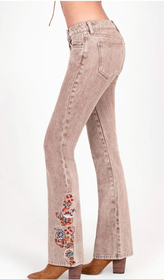 Grace Jeans Floral Embroidery Camel Colour Mid-Rise Flare Jeans ELS772