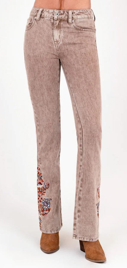 Grace Jeans Floral Embroidery Camel Colour Mid-Rise Flare Jeans ELS772
