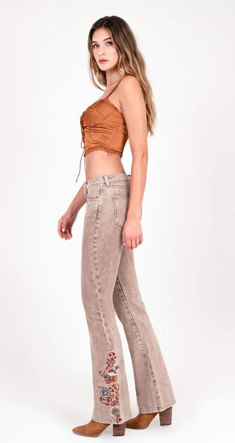 Grace Jeans Floral Embroidery Camel Colour Mid-Rise Flare Jeans ELS772