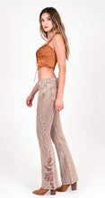 Load image into Gallery viewer, Grace Jeans Floral Embroidery Camel Colour Mid-Rise Flare Jeans ELS772
