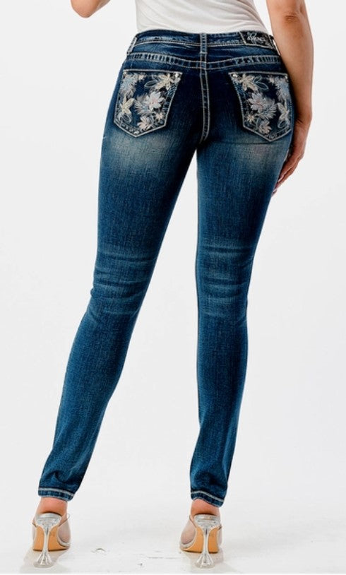 Grace Jeans Floral Embroidery Mid Rise Skinny Jeans EN-51766