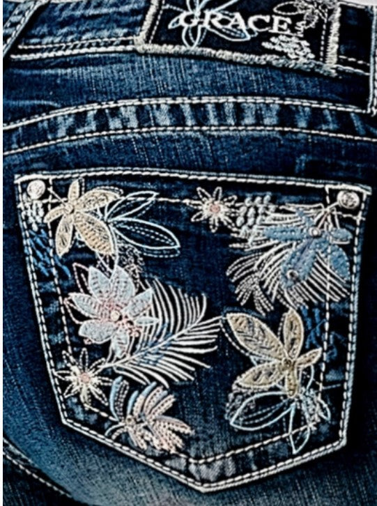 Grace Jeans Floral Embroidery Mid Rise Skinny Jeans EN-51766 – Wild ...