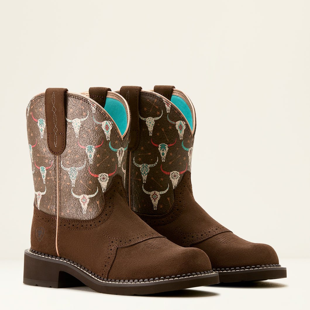 Ariat Ladies 10053635 Fatbaby Heritage Farrah Western Boots in Barley Brown with Buffalo Skull Detail