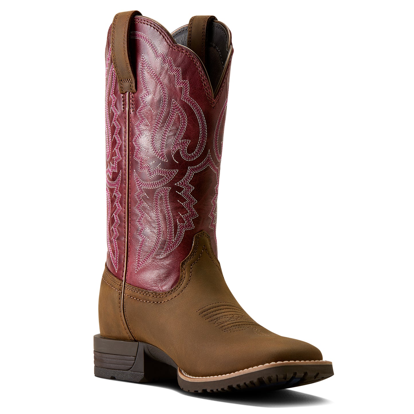 Ariat Ladies 10080426 Hybrid Ranchwork Wide Square Toe Western Boots in  Backwoods Brown & Berry Spice