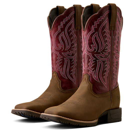 Ariat Ladies 10080426 Hybrid Ranchwork Wide Square Toe Western Boots in  Backwoods Brown & Berry Spice