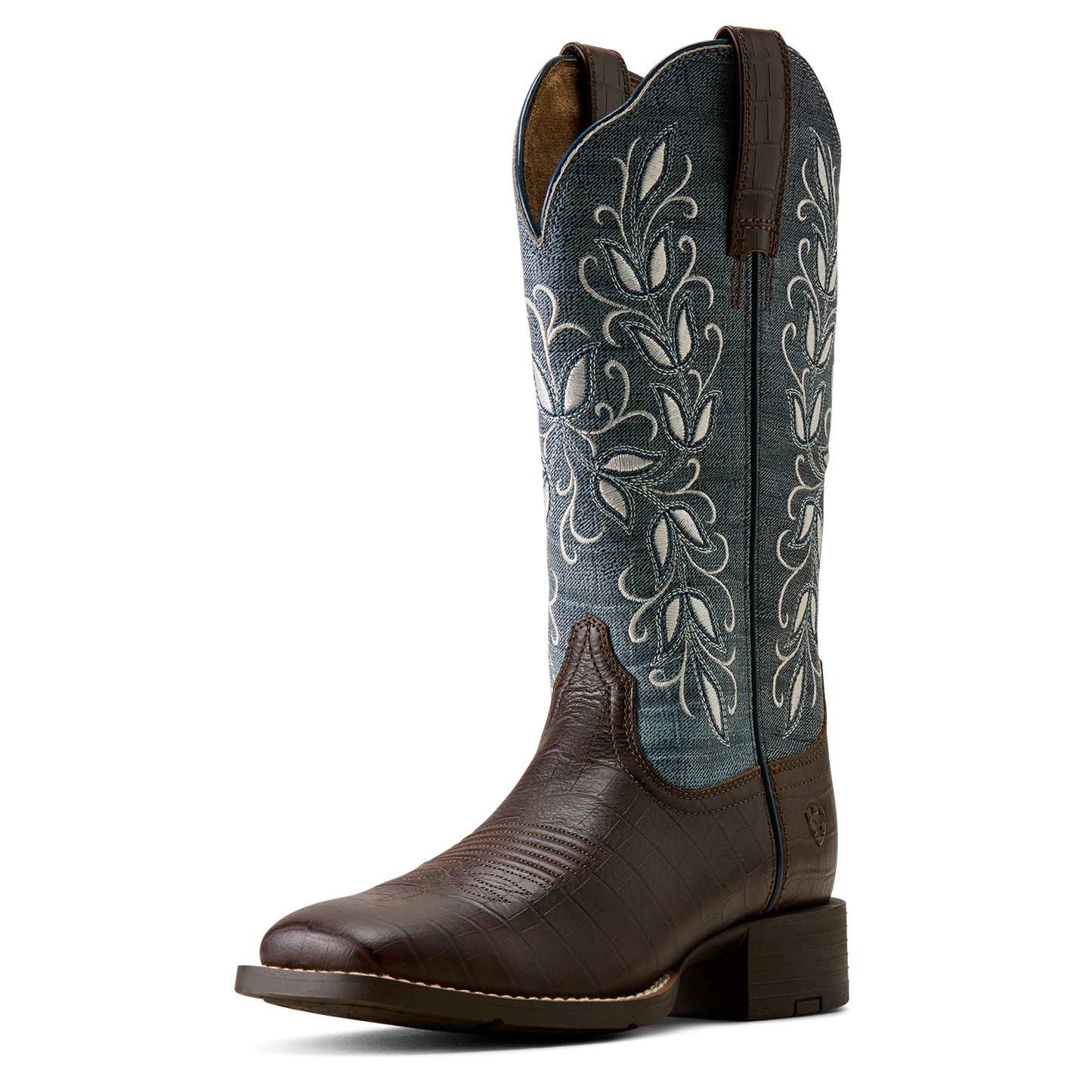 Ariat Ladies 100804911 Round Up Holly Western Boots in Chocolate Croc Print & Denim