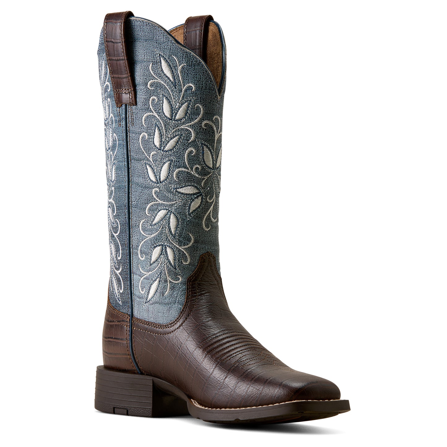 Ariat Ladies 100804911 Round Up Holly Western Boots in Chocolate Croc Print & Denim
