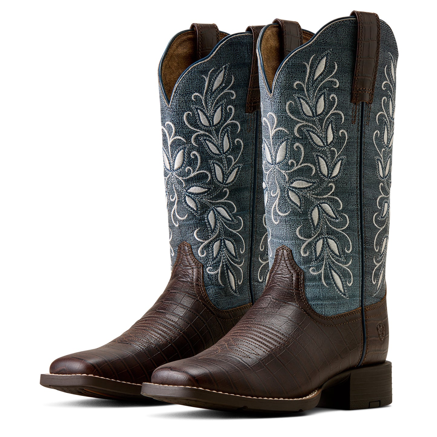 Ariat Ladies 100804911 Round Up Holly Western Boots in Chocolate Croc Print & Denim