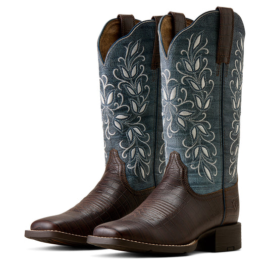 Ariat Ladies 100804911 Round Up Holly Western Boots in Chocolate Croc Print & Denim