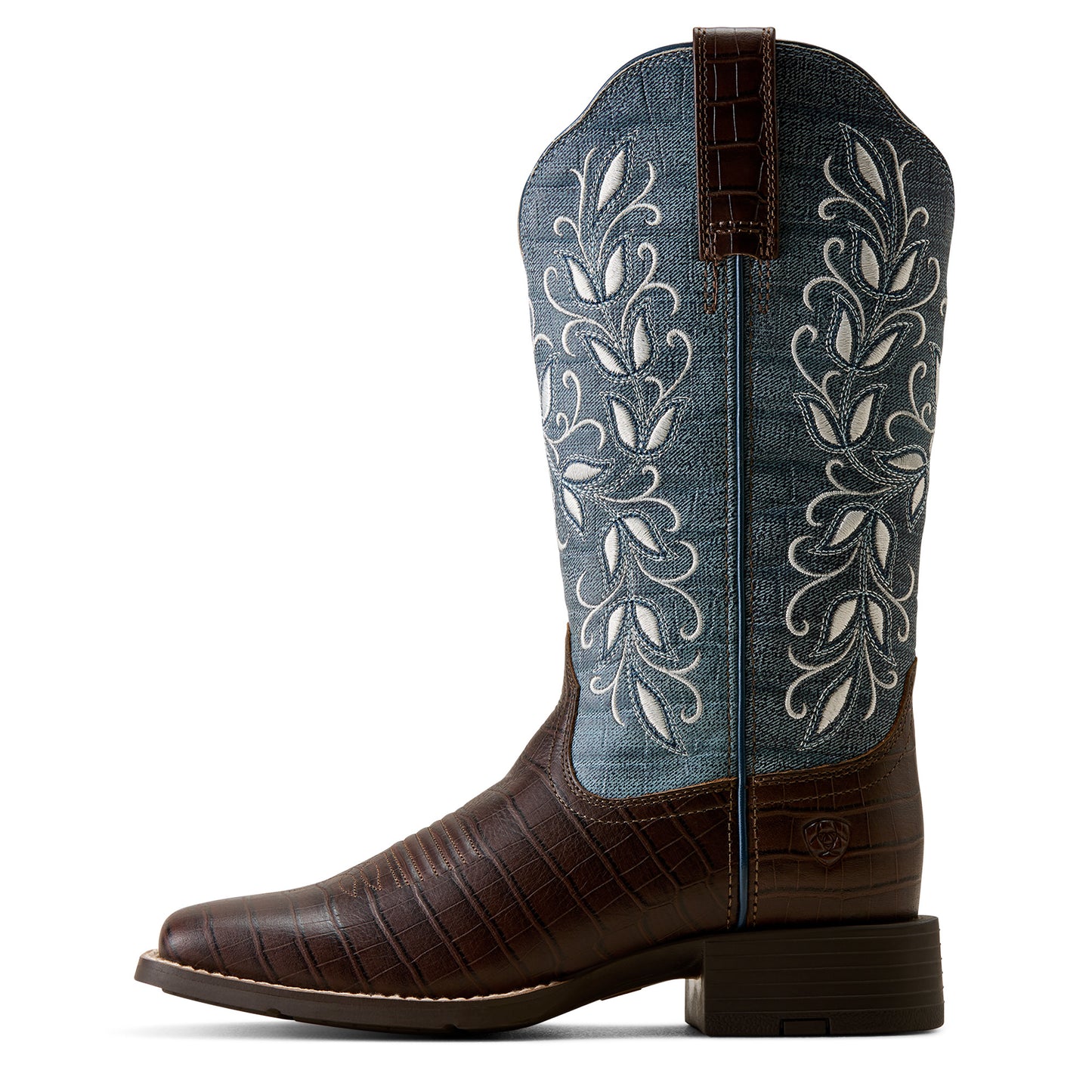 Ariat Ladies 100804911 Round Up Holly Western Boots in Chocolate Croc Print & Denim