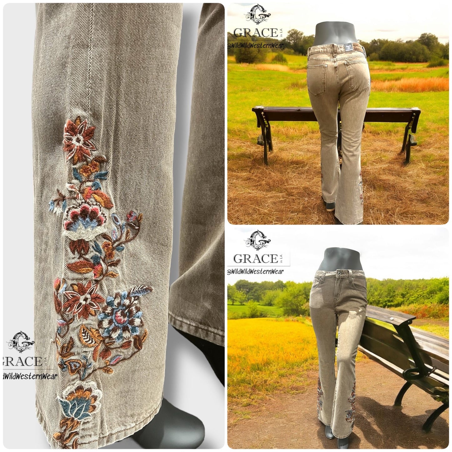 Grace Jeans Floral Embroidery Camel Colour Mid-Rise Flare Jeans ELS772
