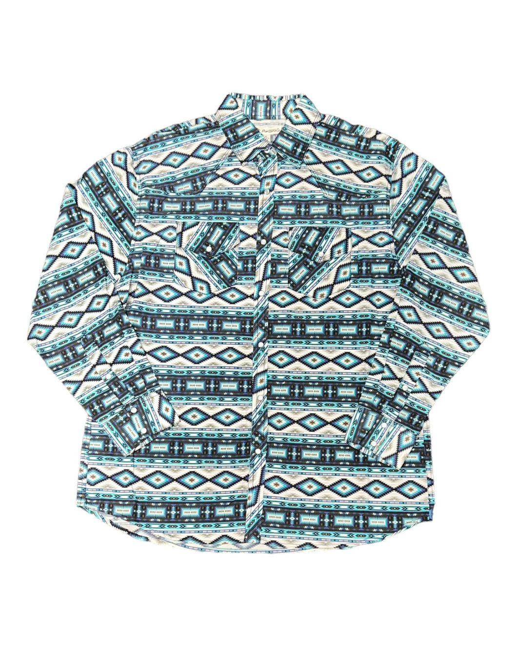 MontanaCo Men's Long Sleeved All Over Aztec in Blue Print Western Snap Shirt M-1105