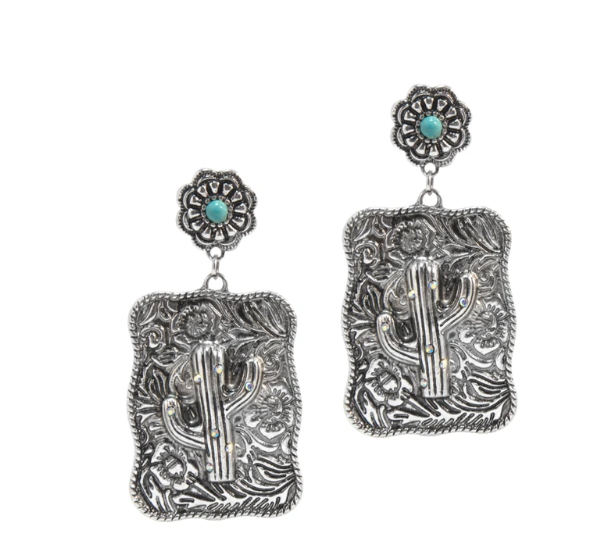 Western Express HE-11967 Western Cactus Dangle Earrings - Silver with Turquoise Flower Studs