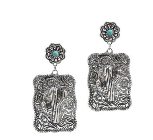 Western Express HE-11967 Western Cactus Dangle Earrings - Silver with Turquoise Flower Studs