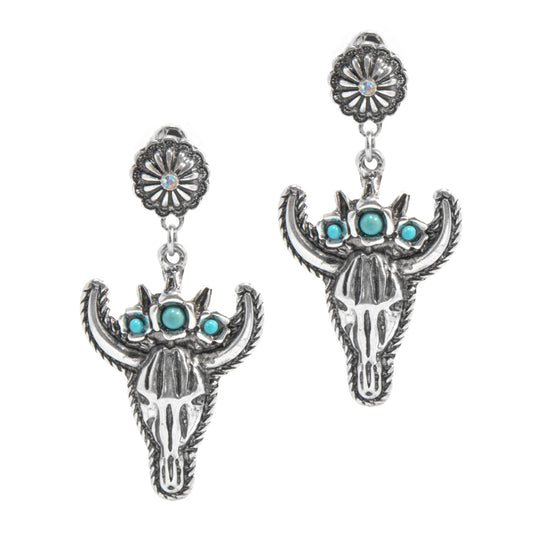 Western Express HE-11971 Western Bull Skull Dangle Earrings - Silver with Turquoise Accents