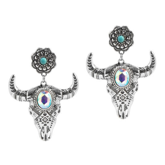 Western Express HE-11992 Western Bull Skull Dangle Earrings - Silver with Turquoise & Gemstone Detail