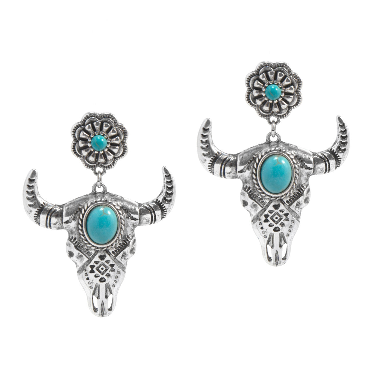 Western Express HE-11998 Western Bull Skull Dangle Earrings - Silver with Turquoise Stone
