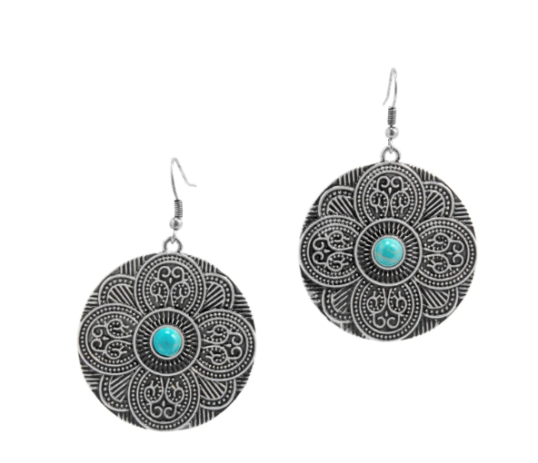 Western Express HE-3498 Western Round Concho Dangle Earrings - Silver Engraved with Turquoise Center