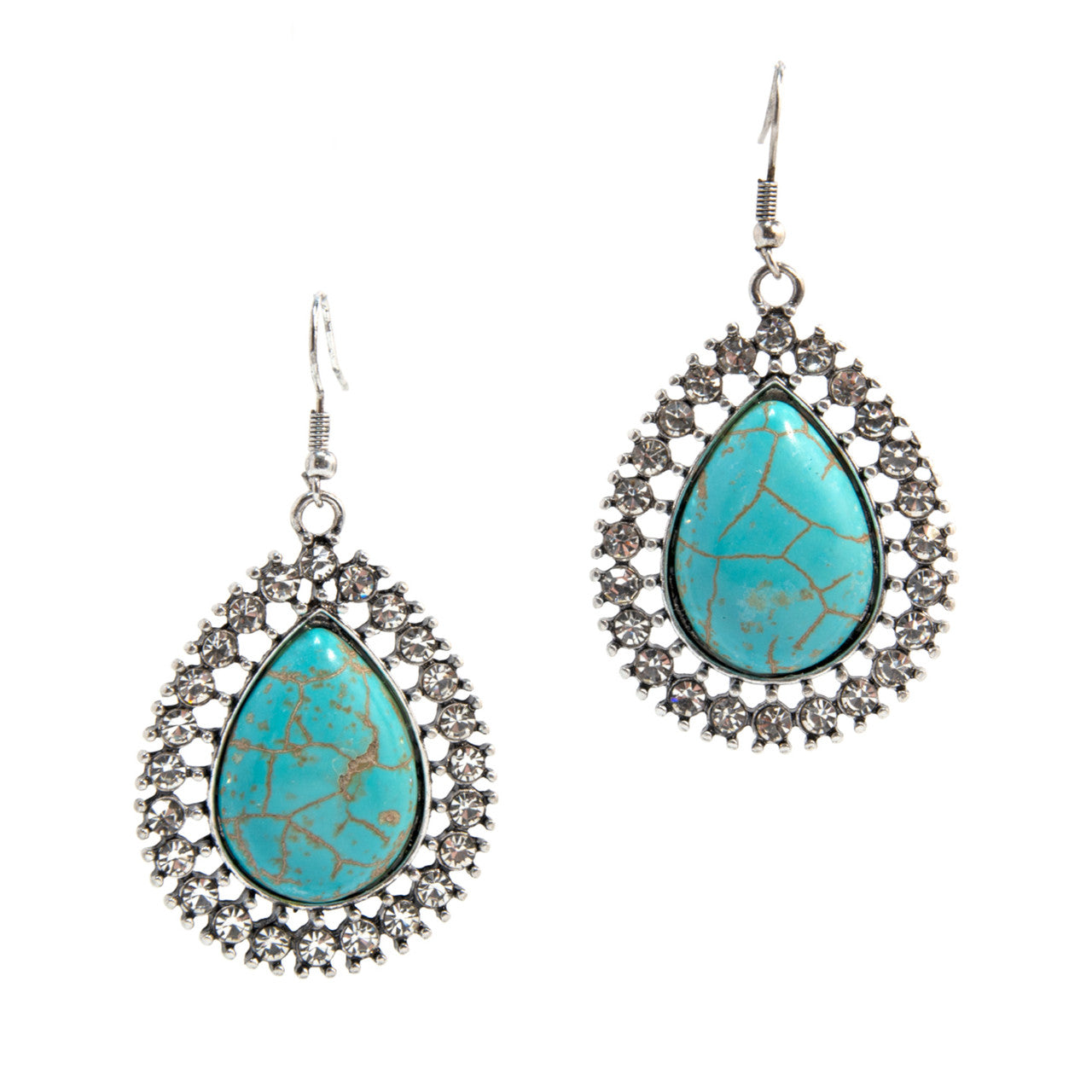 Western Express HE-3646 Western Teardrop Dangle Earrings - Silver with Turquoise & Rhinestones
