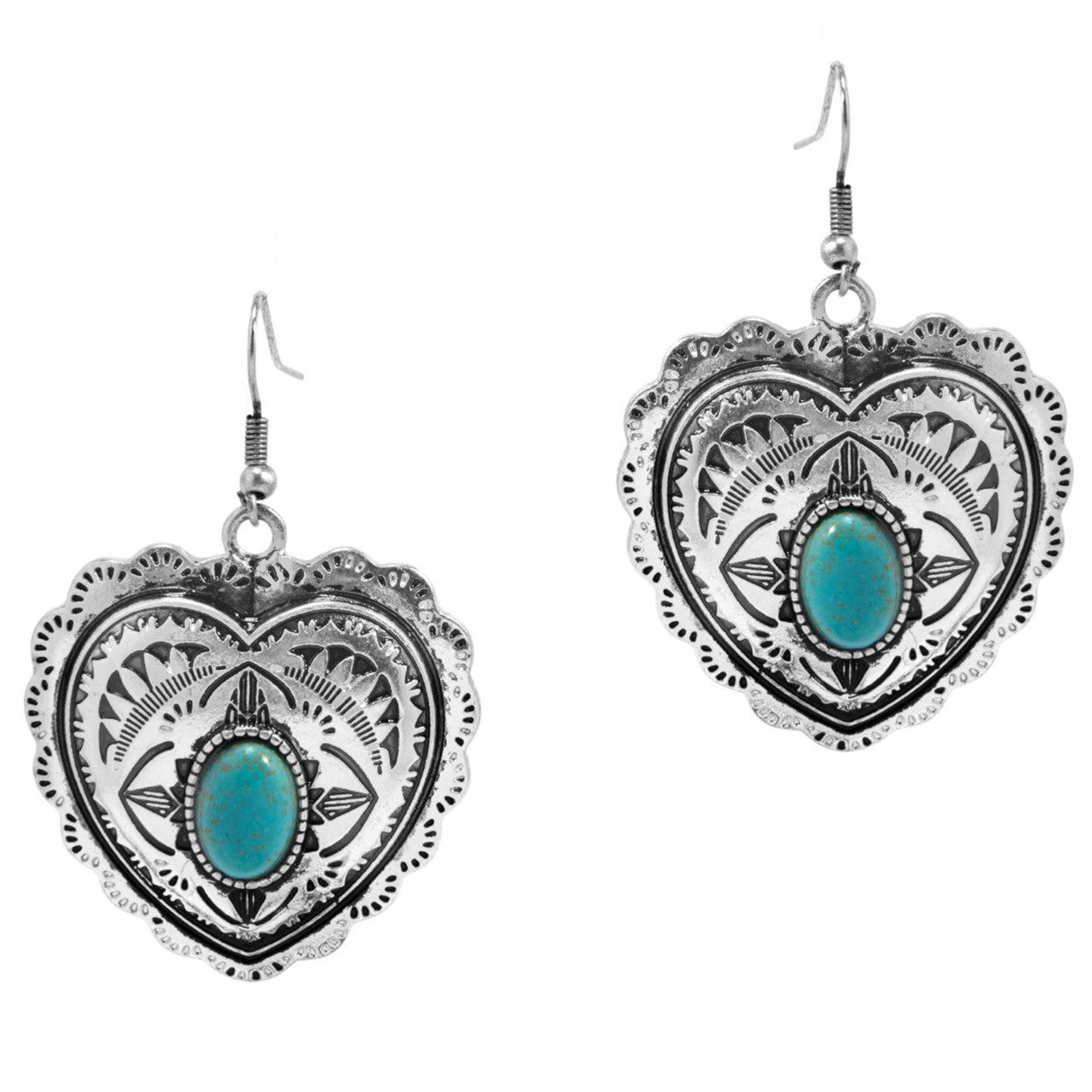 Western Express HE-3649 Western Heart Concho Dangle Earrings - Silver Engraved with Turquoise Stone