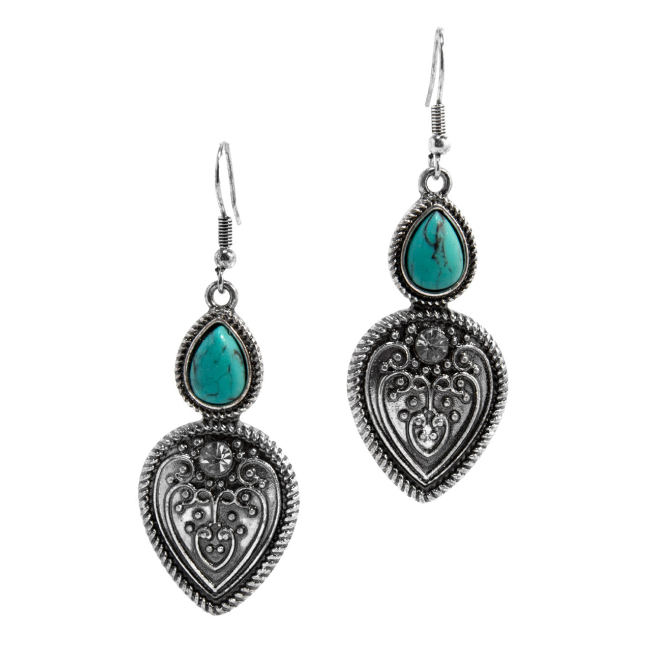 Western Express HE-4033 Western Turquoise Teardrop & Heart Dangle Earrings - Silver Engraved