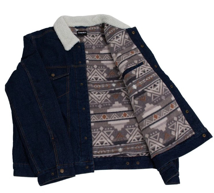 "Hooey Denim Jacket" Denim w/Cream Sherpa & Brown/ Tan Aztec Fleece Lining HJ114D
