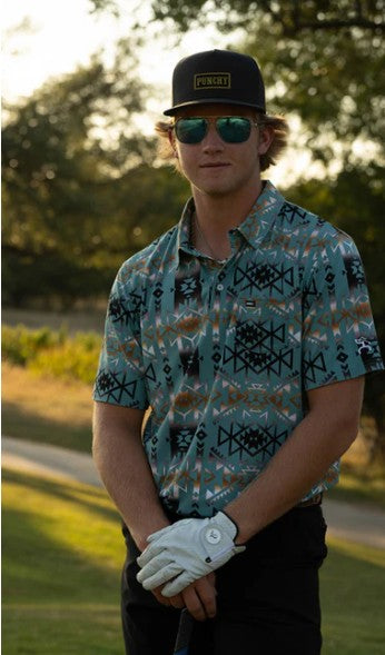 Hooey Cowboy Golf "Hot Shot" Turquoise w/Aztec Pattern Polo HP022TQAZ