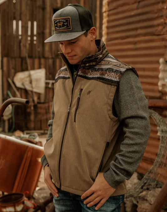 "Hooey Softshell Vest" Tan w/ Tan & Brown Aztec SKU: HV109TNAZ-S