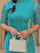 Load image into Gallery viewer, Lucky &amp; Blessed Turquoise 3/4 Sleeve Pearls Mesh Dress DR402-TUR
