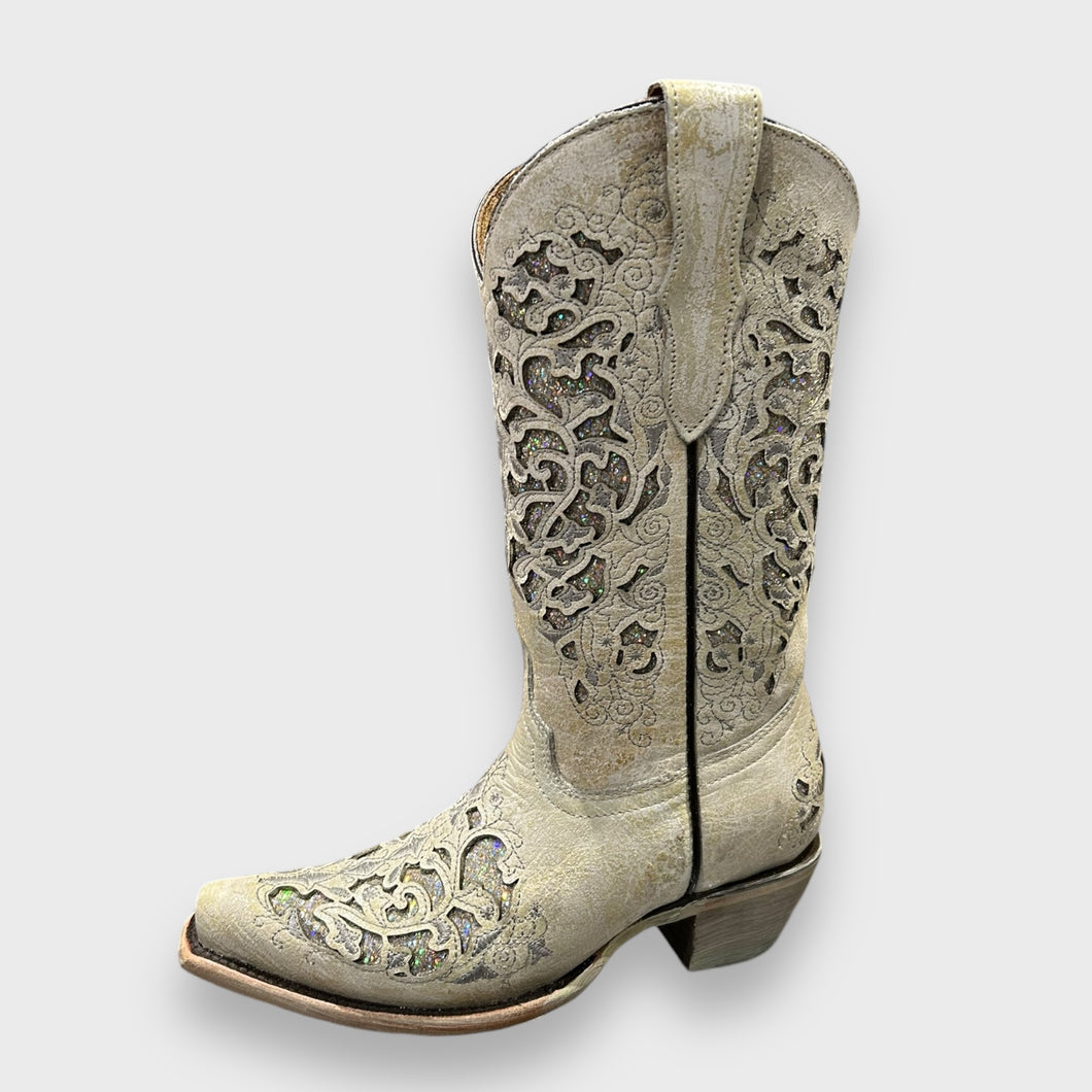 Corral Teens T0021 White Glitter inlay Cowboy Boots