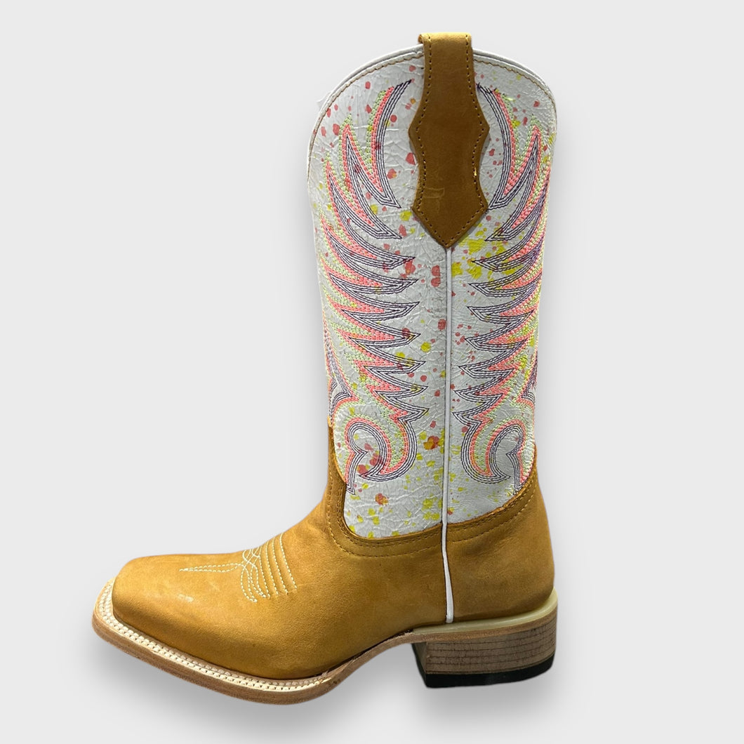 Corral Teens/Ladies J7125 Handcrafted Tan/White Embroidery Square Toe Cowgirl Boots