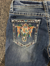 Load image into Gallery viewer, Grace Jeans Steer Head Colourful Embroidered Mid Rise Bootcut Jeans EB61891
