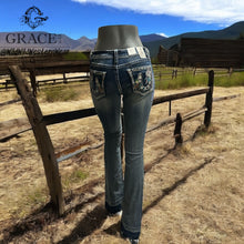 Load image into Gallery viewer, Grace Jeans Western Horseshoe Colourful Embroidered Mid Rise Bootcut Jeans EB61852
