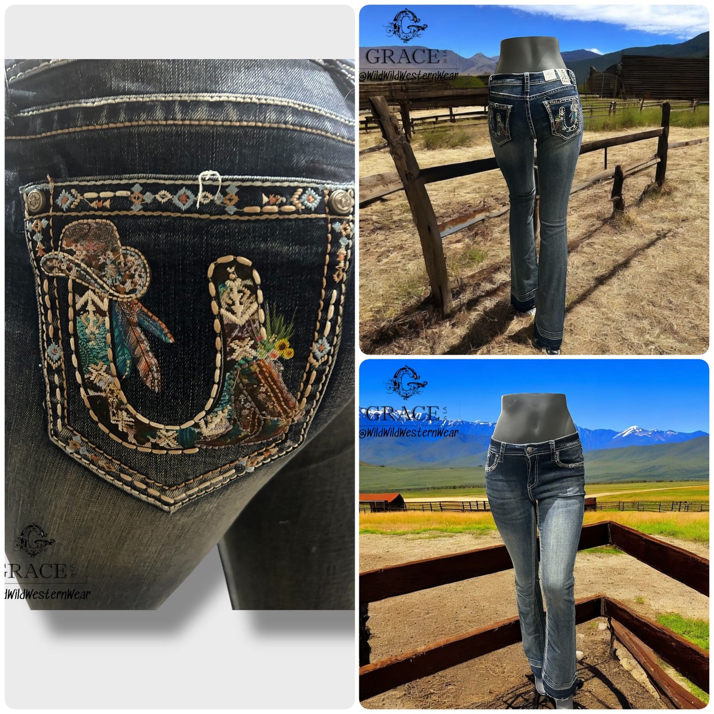 Grace Jeans Western Horseshoe Colourful Embroidered Mid Rise Bootcut Jeans EB61852