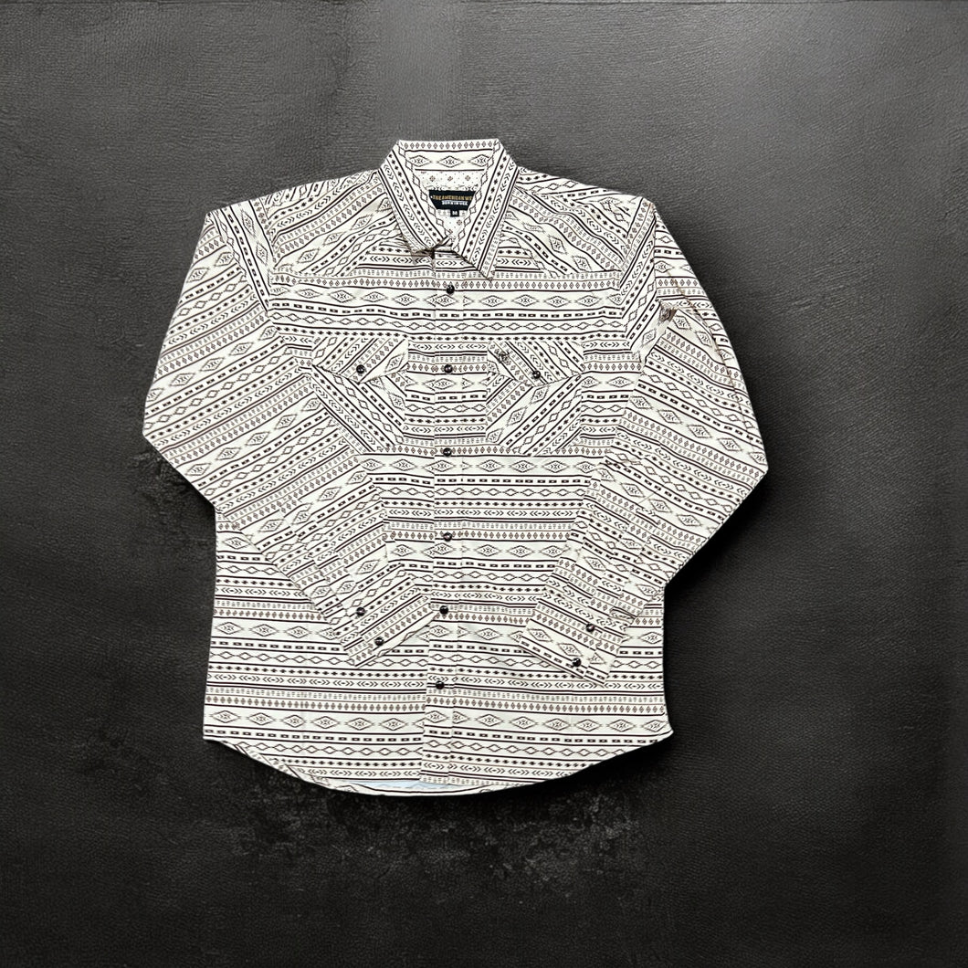 The American West - Kele Men's Long Sleeved All Over Aztec in Beige/Brown Western Snap Shirt