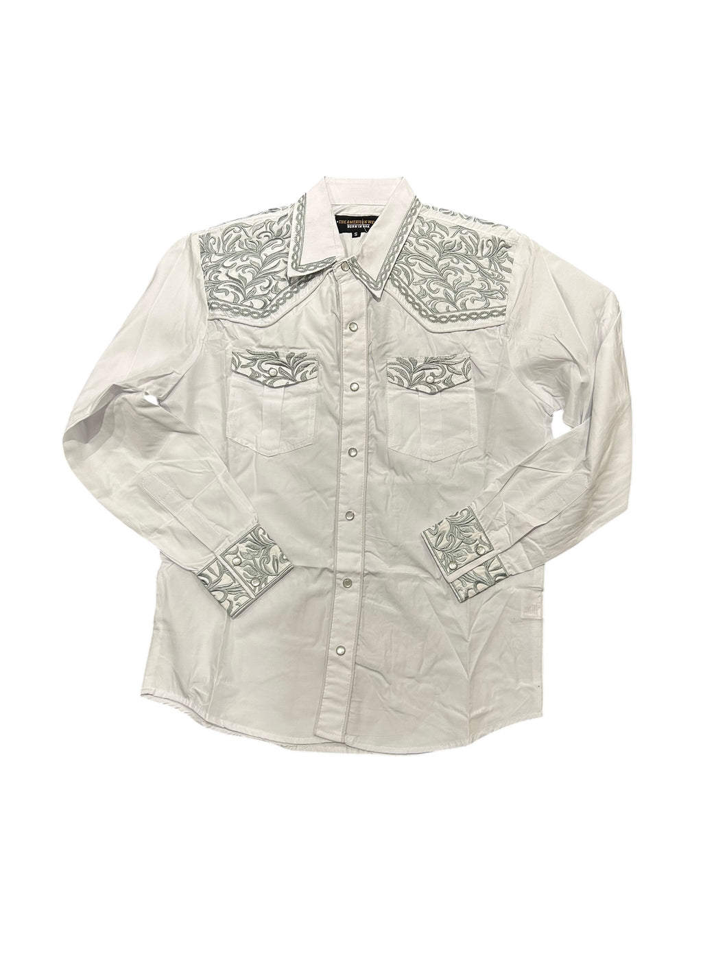 The American West - Barclay Mens Long Sleeved Embroidered in White/Silver Western Snap Shirt