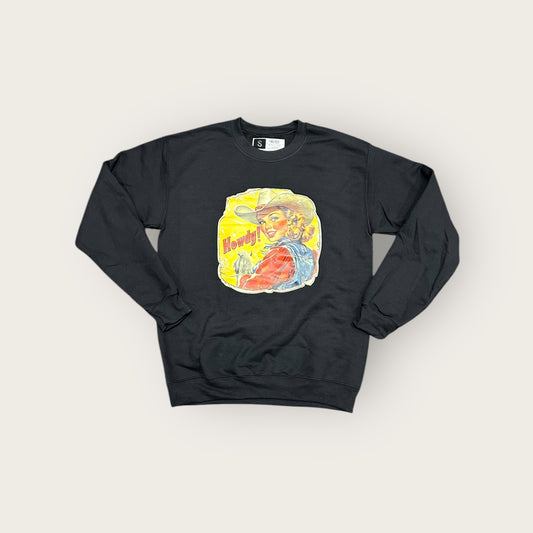 Ali Dee Howdy Vintage Cowgirl Graphic Crewneck in Black