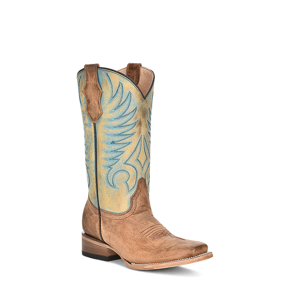 Corral Teens/Ladies J7126 Handcrafted Distressed Honey Brown & Blue Square Toe Cowgirl Boots