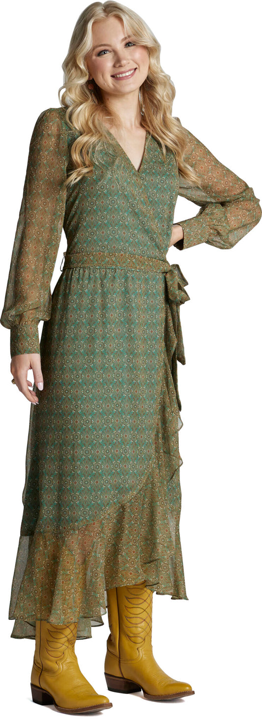 Justin Brands - Nicole Wrap Maxi Dress Green with Western Medallion Design J-2295