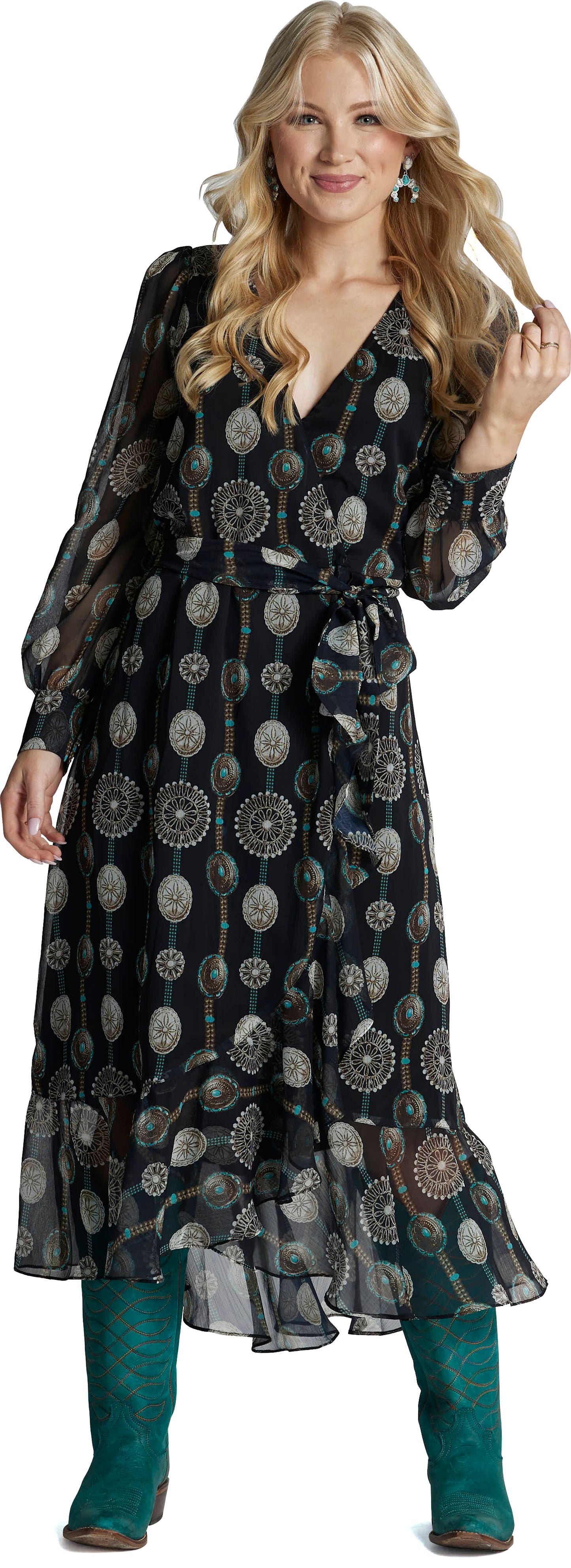 Justin Brands - Nicole Wrap Maxi Dress Black with Concho Design J-2295