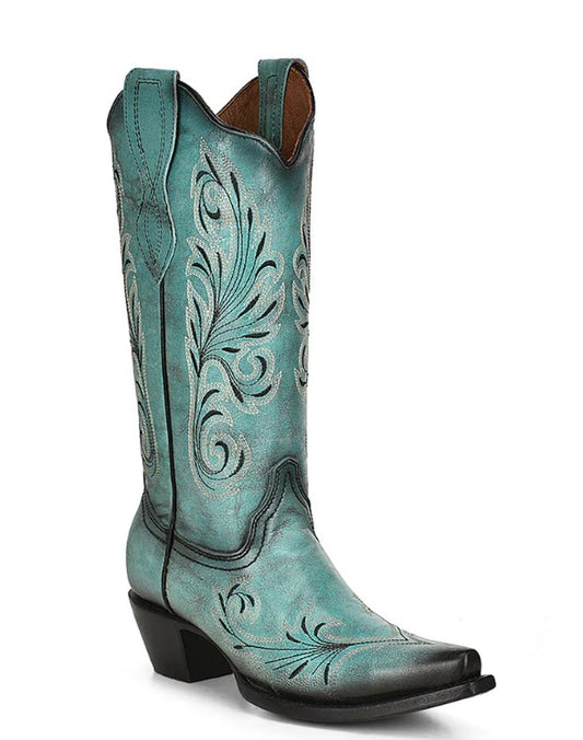 Circle G by Corral Ladies White & Black Embroidery Turquoise Snip Toe Cowboy Boots L2076